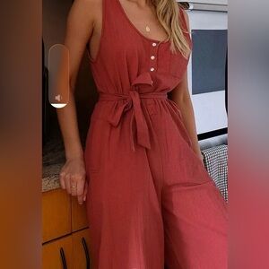 Urban Outfitters Rust Tie-Waist Sleeveless Jumpsuit